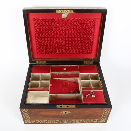 51 - 19th century rosewood and brass marquetry inlaid sewing box, with tray fitted interior and recessed ... 