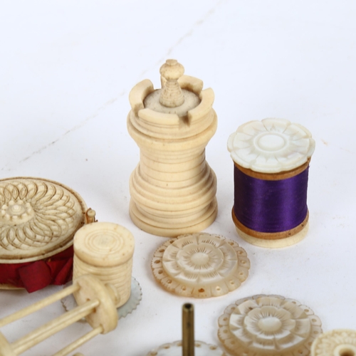 60 - A group of 19th century bone and mother-of-pearl sewing items, cotton reels, needle cases etc