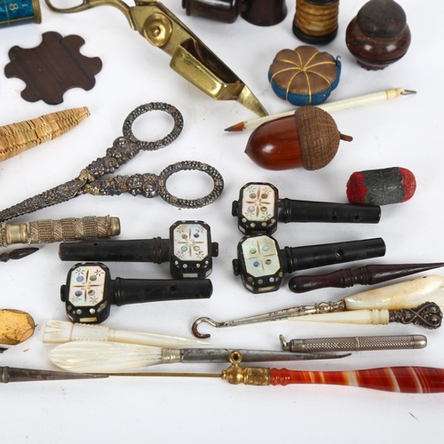 62 - Mixed group of Victorian sewing items etc, including a miniature Victorian brass step ladder, length... 