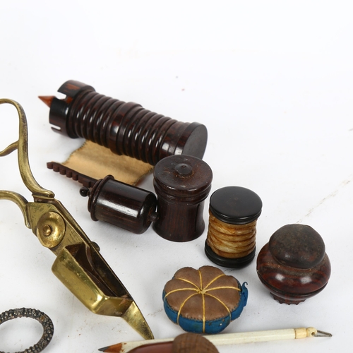 62 - Mixed group of Victorian sewing items etc, including a miniature Victorian brass step ladder, length... 