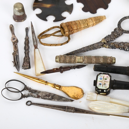 62 - Mixed group of Victorian sewing items etc, including a miniature Victorian brass step ladder, length... 