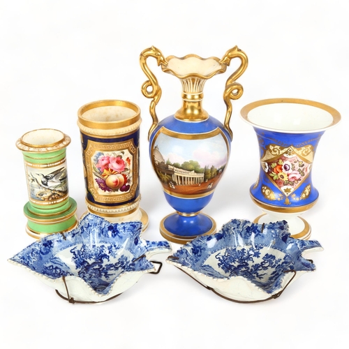 65 - A group of 19th century ceramics, comprising Worcester gilded 2-handled urn, with hand painted panel... 