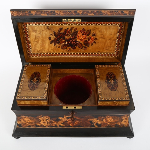 7 - 19th century Tunbridge Ware tea caddy depicting Battle Abbey, ebonised and floral micro-mosaic bands... 