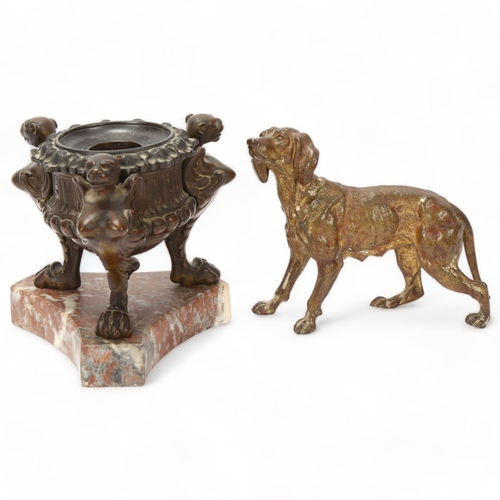 73 - 19th century Neoclassical patinated bronze inkwell, with griffon supports on shaped marble base, hei... 