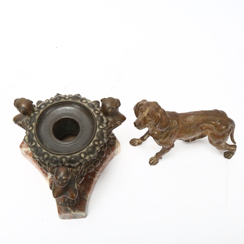 73 - 19th century Neoclassical patinated bronze inkwell, with griffon supports on shaped marble base, hei... 