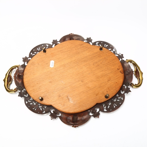 74 - 19th century cast-brass framed 2-handled tray, with inset mahogany panel in pierced and shaped surro... 