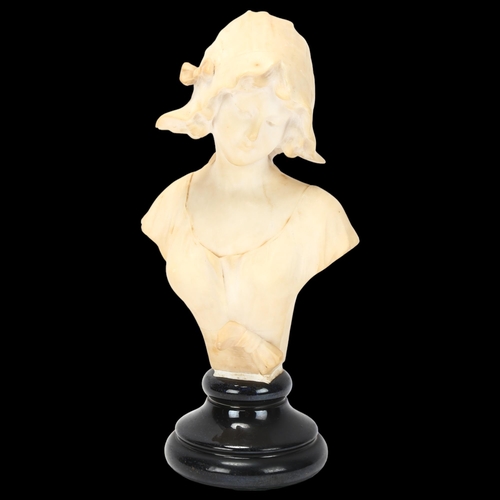 78 - 19th century Italian alabaster bust of a girl, signed Mazzariti Florence, mounted on black ceramic b... 