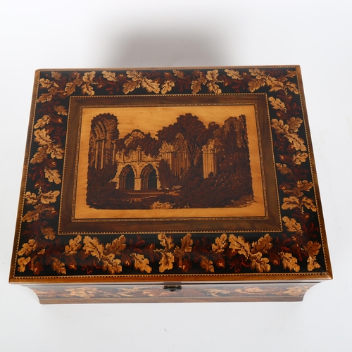 8 - 19th century Tunbridge Ware box depicting Bayham Abbey, of rectangular form, walnut and foliate micr... 