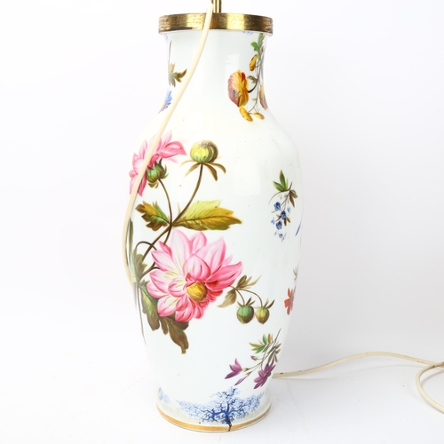 84 - Large 19th century porcelain table lamp, hand painted detailed botanical studies, no factory marks, ... 