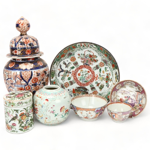 85 - A group of mainly 19th century Chinese porcelain items, including an Imari jar and cover, height 37c... 