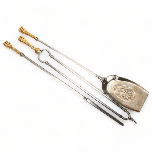 86 - Good quality 19th century steel 3-piece fire companion set with cast gilt-bronze handles, diamond re... 