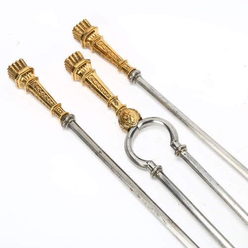 86 - Good quality 19th century steel 3-piece fire companion set with cast gilt-bronze handles, diamond re... 