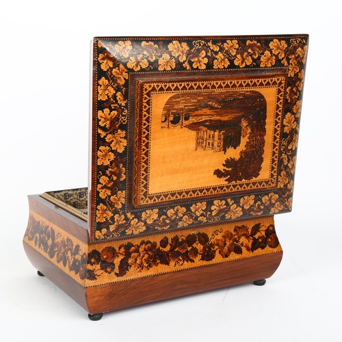 9 - 19th century Tunbridge Ware sewing box depicting Carew Castle Wales, lid having raised central panel... 