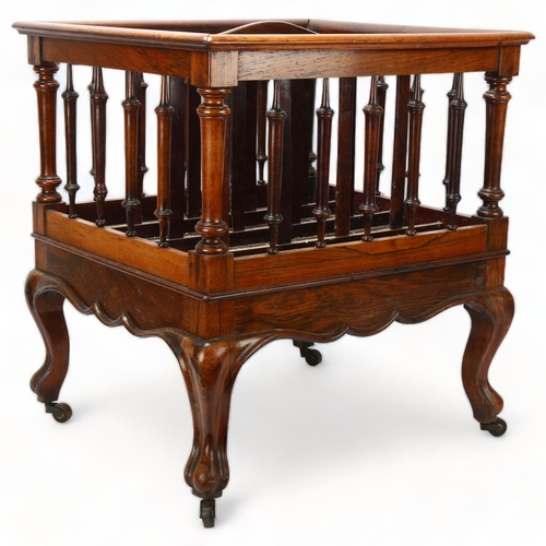 91 - 19th century rosewood Canterbury, with spindled surround and cabriole legs, 43cm x 38cm