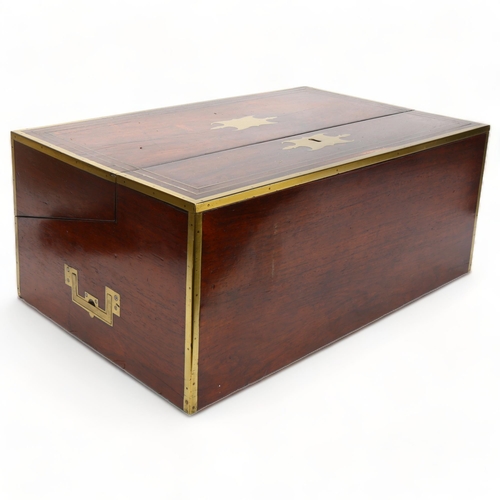 92 - An unusual 19th century brass-bound rosewood campaign travelling writing box, with rising drawer-fit... 