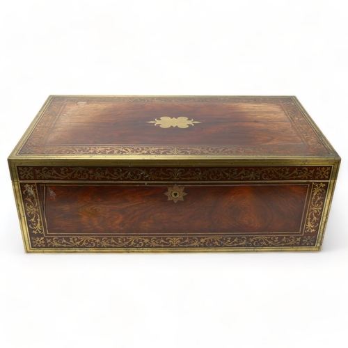 93 - A fine quality 19th century brass-bound rosewood campaign writing box, inlaid brass marquetry bands,... 