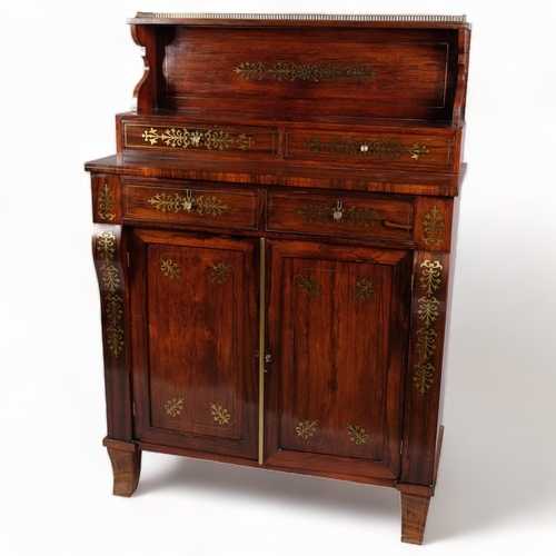 95 - Regency rosewood chiffonier, inlaid brass marquetry decoration, with 4 frieze drawers and panelled c... 