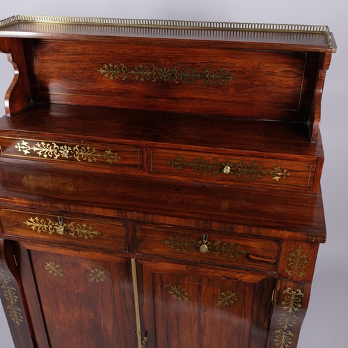 95 - Regency rosewood chiffonier, inlaid brass marquetry decoration, with 4 frieze drawers and panelled c... 