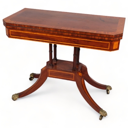 97 - 19th century mahogany and satinwood crossbanded fold over card table, width 91.5cm