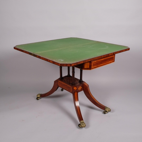 97 - 19th century mahogany and satinwood crossbanded fold over card table, width 91.5cm