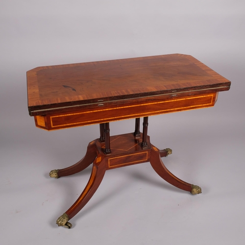 97 - 19th century mahogany and satinwood crossbanded fold over card table, width 91.5cm