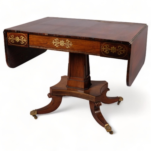 99 - 19th century brass inlaid rosewood sofa table, with single frieze drawer and sabre leg base, 91cm x ... 