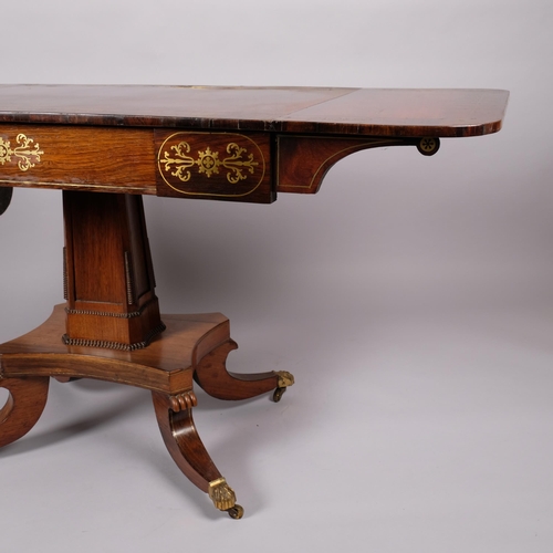 99 - 19th century brass inlaid rosewood sofa table, with single frieze drawer and sabre leg base, 91cm x ... 