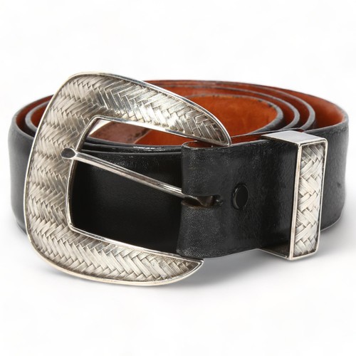 263 - PAT AREIAS USA - silver-mounted leather belt, with chevron pattern silver buckle, length 117cm, reta... 