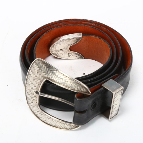 263 - PAT AREIAS USA - silver-mounted leather belt, with chevron pattern silver buckle, length 117cm, reta... 