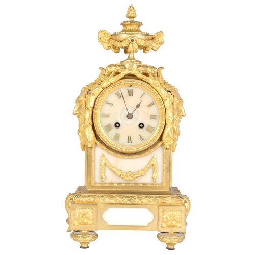 142 - Good quality 19th century French ormolu and alabaster Rococo style mantel clock, surmounted by an ur... 