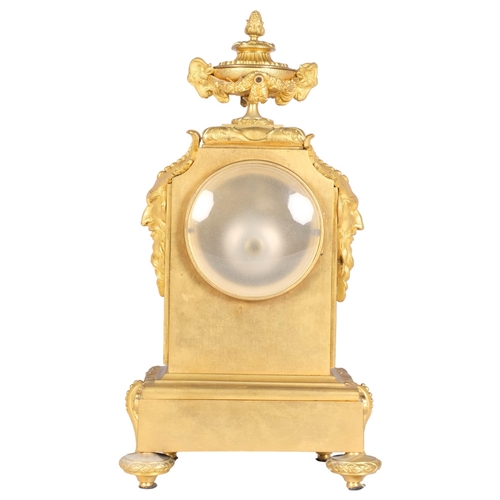 142 - Good quality 19th century French ormolu and alabaster Rococo style mantel clock, surmounted by an ur... 