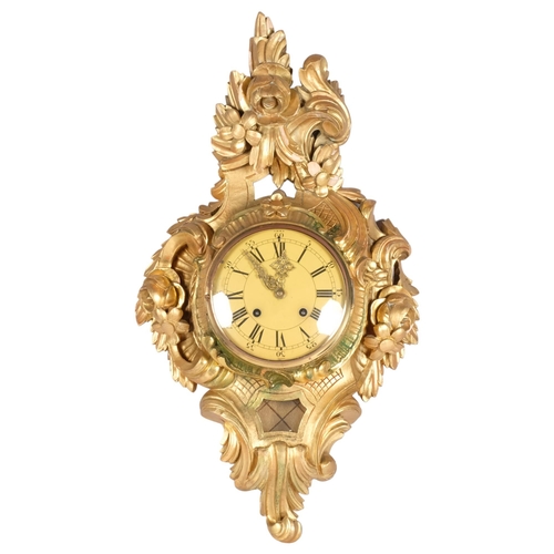 143 - 20th century German carved giltwood-cased cartel wall clock in Rococo style, 8-day striking movement... 