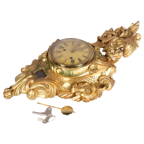 143 - 20th century German carved giltwood-cased cartel wall clock in Rococo style, 8-day striking movement... 