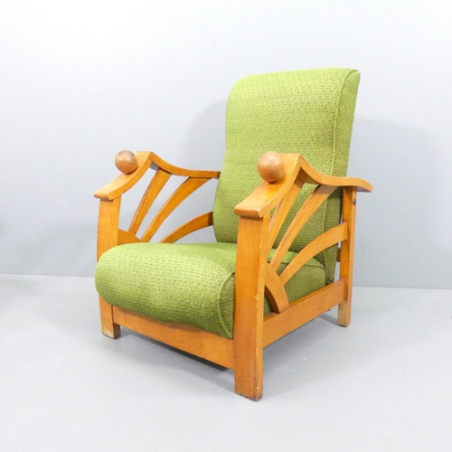 2004 - A 1940s Art Deco reclining lounge chair, with sun-burst arms and ball hand rests. Overall 64x88x73cm... 