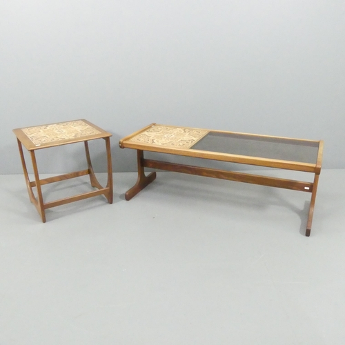 2012 - G-PLAN - a mid-century tile-top teak coffee table with inset smoked glass panel, 121x45x50cm, and a ... 