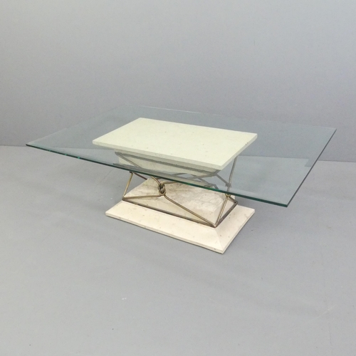 2019 - A contemporary rectangular glass-topped coffee table on composite pedestal base. 120x41x70cm