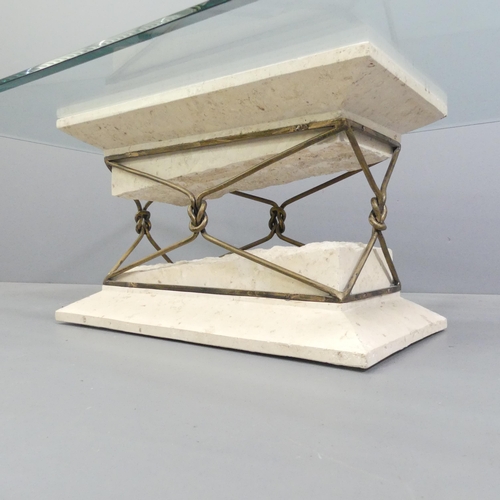 2019 - A contemporary rectangular glass-topped coffee table on composite pedestal base. 120x41x70cm