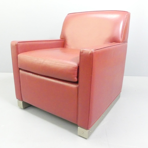 2023 - A French leather lounge club chair with steel base. Overall 70x79x75cm, seat 51x47x46cm. WITH THE OP... 