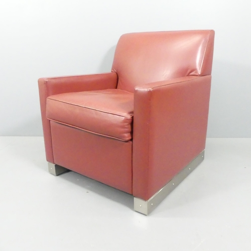 2024 - A French leather lounge club chair with steel base. Overall 70x79x75cm, seat 51x47x46cm.