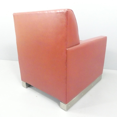 2024 - A French leather lounge club chair with steel base. Overall 70x79x75cm, seat 51x47x46cm.