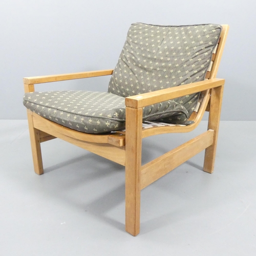 2026 - A mid-century teak and bent-ply framed and upholstered lounge chair, with label beneath for 