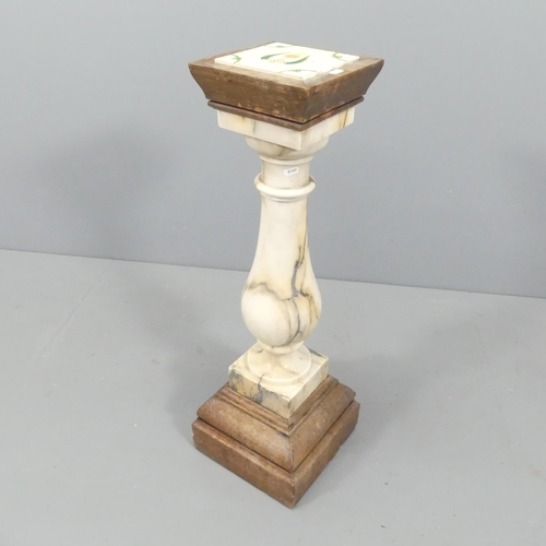 2035 - An Art Nouveau style marble column, on oak base with inset tile top. 27x84cm.