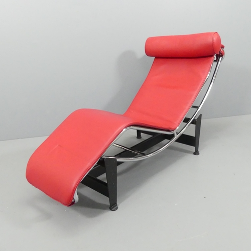 2043 - A good quality Italian LC4 Corbusier style red leather tubular steel lounger, tension straps stamped... 