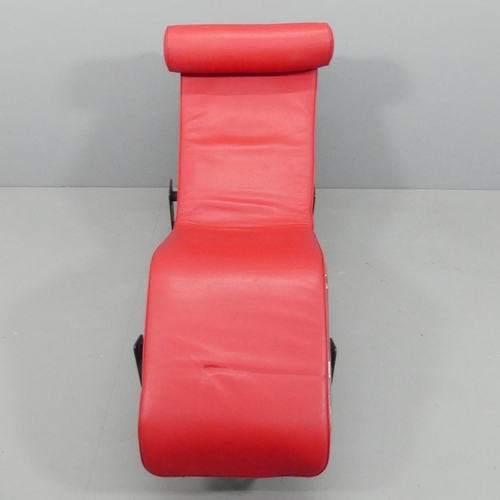 2043 - A good quality Italian LC4 Corbusier style red leather tubular steel lounger, tension straps stamped... 