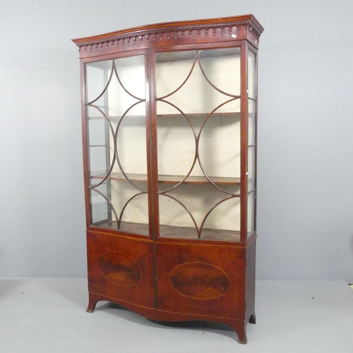 2111 - A Georgian style mahogany and satinwood strung display cabinetm, with two lattice glazed doors, two ... 