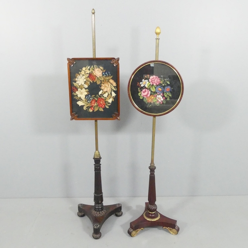 2114 - A rosewood and needlepoint upholstered pole screen, height 154cm, and another (2).