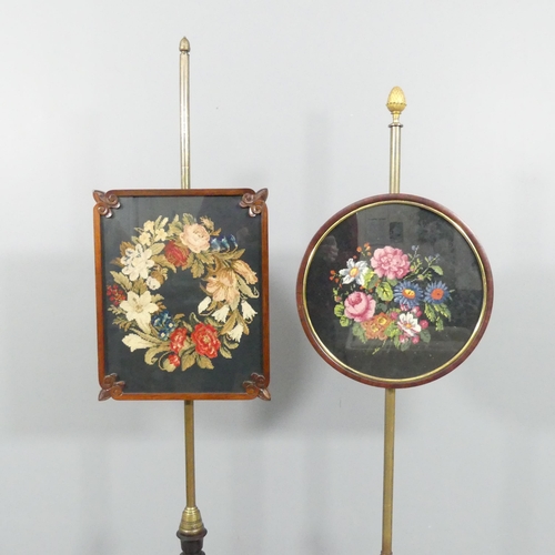 2114 - A rosewood and needlepoint upholstered pole screen, height 154cm, and another (2).