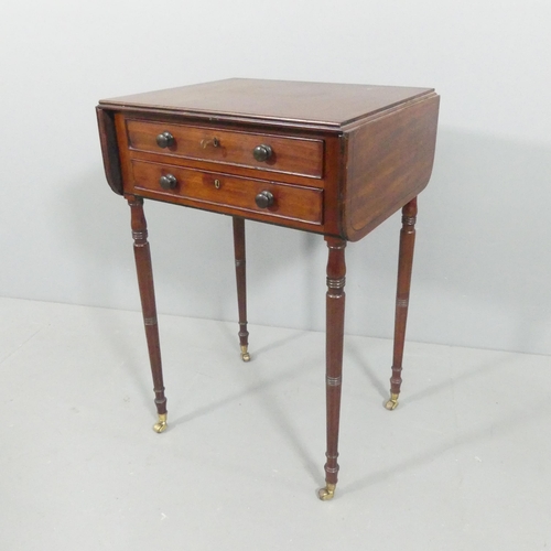 2117 - A 19th century mahogany and ebony strung drop leaf work or sewing box, with two frieze drawers. 47x7... 