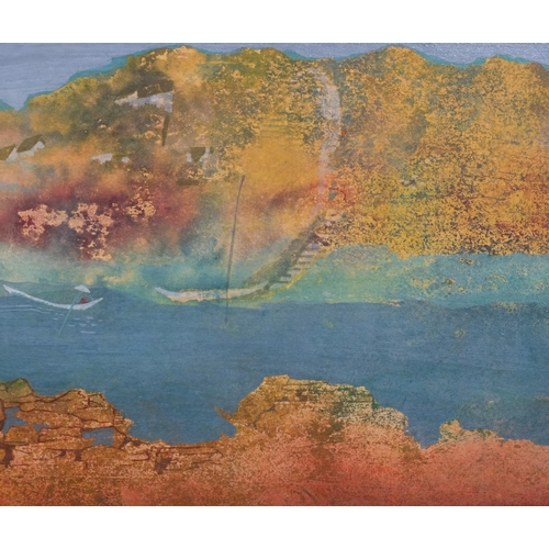 504 - Thomas Yeo (born 1936), fishing inlet, gouache, signed, 23cm x 59cm, framed