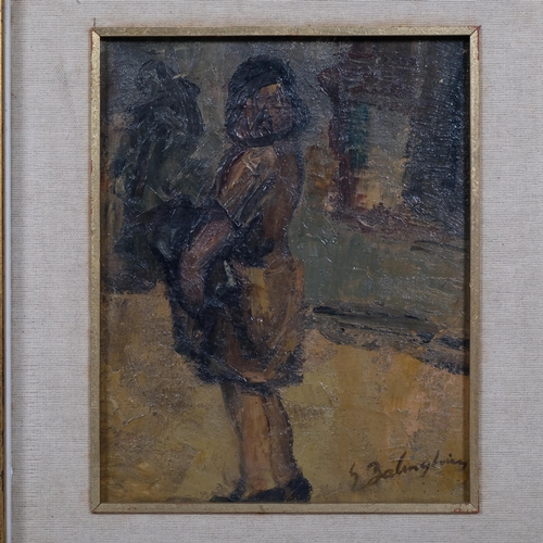 512 - Abstract standing figure, oil on board, indistinctly signed, 23.5cm x 19cm, framed